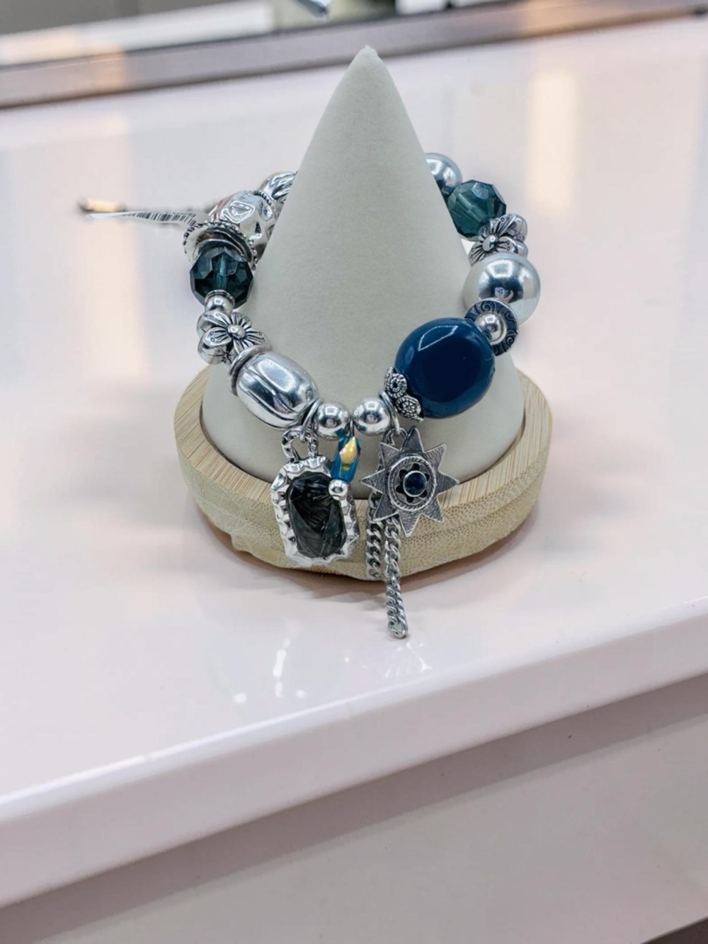 Blue & Silver Charm Bracelet Statement Beaded Stretch Bracelet Boho Chic